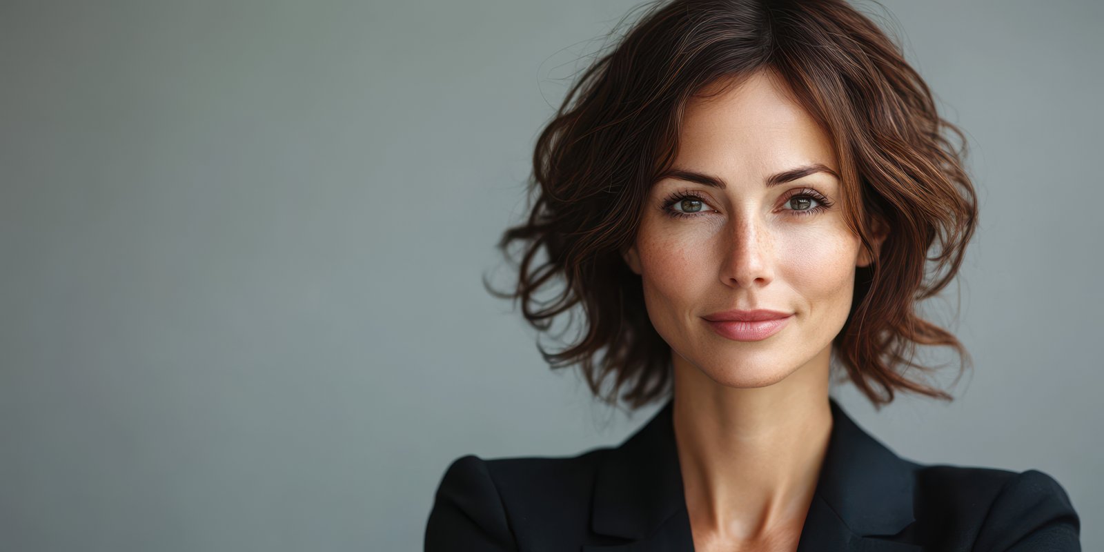 Confident woman with curly hair wearing a blazer in a neutral-toned setting during professional photo shoot